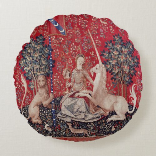 Lady and Unicorn Medieval Tapestry Sight Round Pillow