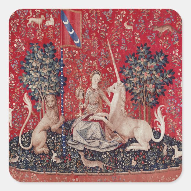 Lady and Unicorn Medieval Tapestry Sight Square Sticker (Front)