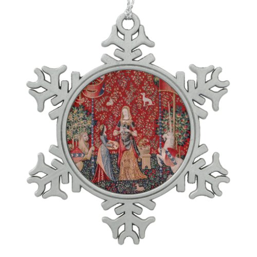 Lady and Unicorn Medieval Tapestry Smell Snowflake Pewter Christmas Ornament