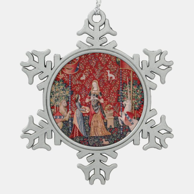 Lady and Unicorn Medieval Tapestry Smell Snowflake Pewter Christmas Ornament (Front)