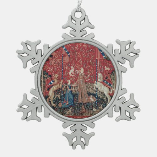 Lady and Unicorn Medieval Tapestry Taste Snowflake Pewter Christmas Ornament