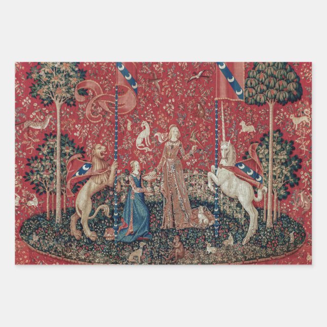 Lady and Unicorn Medieval Tapestry Taste Wrapping Paper Sheets (Front)