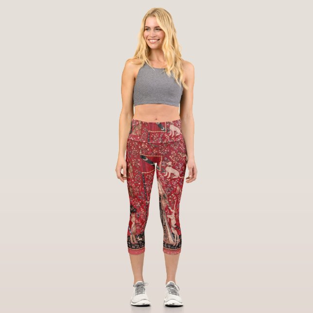 Lady and Unicorn Medieval Tapestry Touch Capri Leggings (Front)