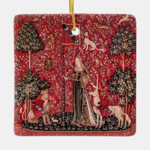 Lady and Unicorn Medieval Tapestry Touch Ceramic Ornament
