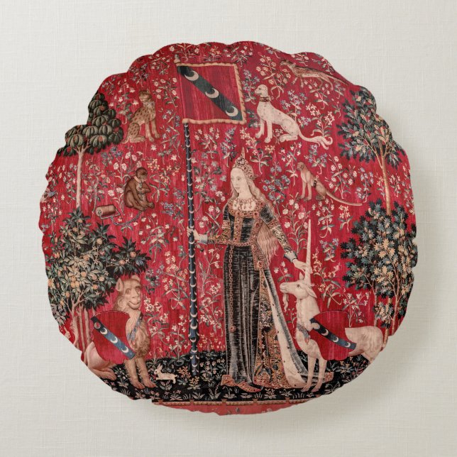 Lady and Unicorn Medieval Tapestry Touch Round Pillow (Front)