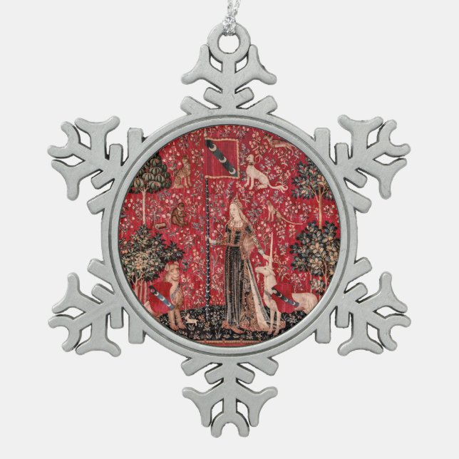 Lady and Unicorn Medieval Tapestry Touch Snowflake Pewter Christmas Ornament (Front)