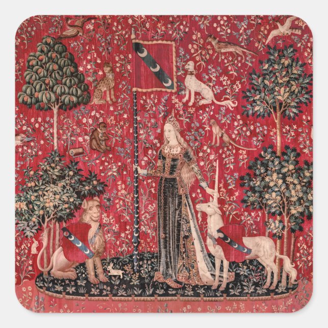 Lady and Unicorn Medieval Tapestry Touch Square Sticker (Front)