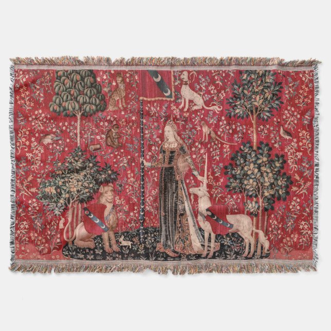Lady and Unicorn Medieval Tapestry Touch Throw Blanket (Front)