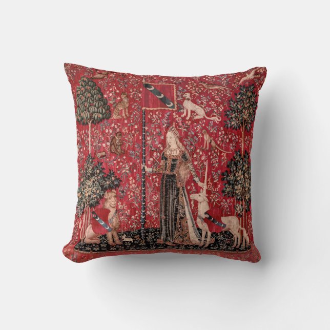 Lady and Unicorn Medieval Tapestry Touch Throw Pillow (Front)