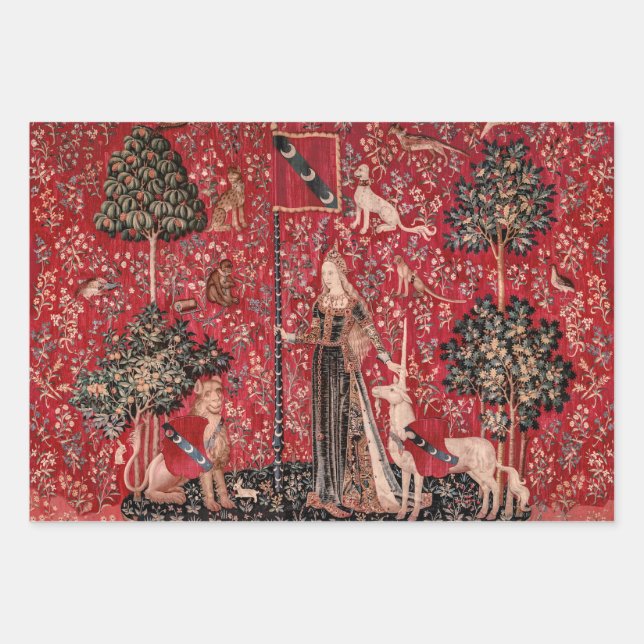 Lady and Unicorn Medieval Tapestry Touch Wrapping Paper Sheets (Front)