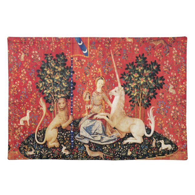 LADY AND UNICORN Sight, Lion,Flowers,Animals Cloth Placemat (Front)