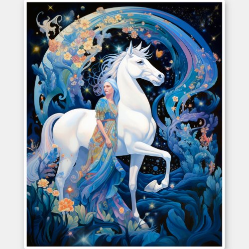 Lady and White Horse Fantasy Art Sticker
