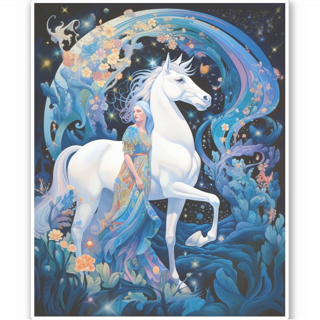 Lady and White Horse Fantasy Art Sticker (Front)