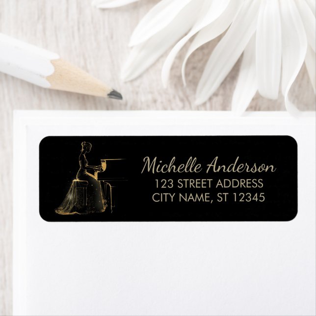Lady at Grand Piano Artistic Gold Return Address Label (Insitu)