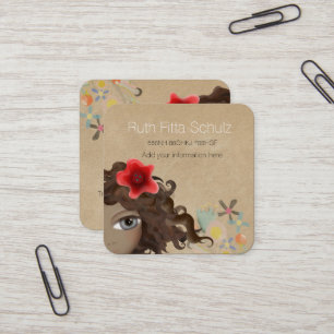 Lady Beautiful blue eyes brown hair red poppy Square Business Card