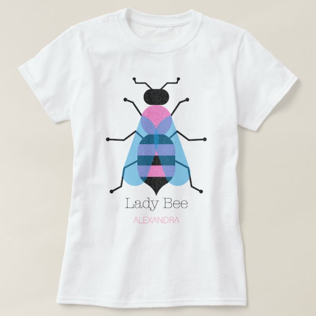 Lady Bee Cute Girly Fun Black Blue Pink Glitter T-Shirt (Design Front)