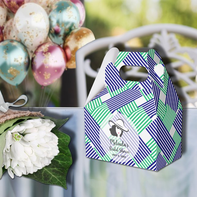 Lady Big Hat Derby Bridal Shower Gable Favor Boxes (Big Derby hat lady on blue and green diagonal stripes gable style bridal shower favor boxes)