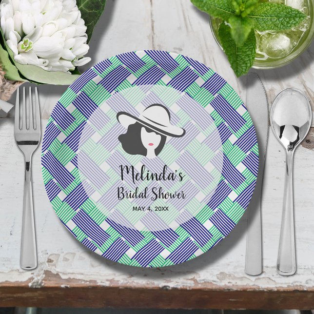 Lady Big Hat Derby Bridal Shower Paper Plates (Big Derby hat lady on blue and green diagonal stripes bridal shower paper plates)
