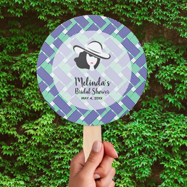 Lady Big Hat on Blue Stripes Derby Hand Fan (Lady in big hat on blue, green and white stripes Derby-themed bridal shower hand fans)