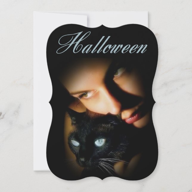 Lady & Blue Eyed Cat Adult Halloween Party Invite (Front)