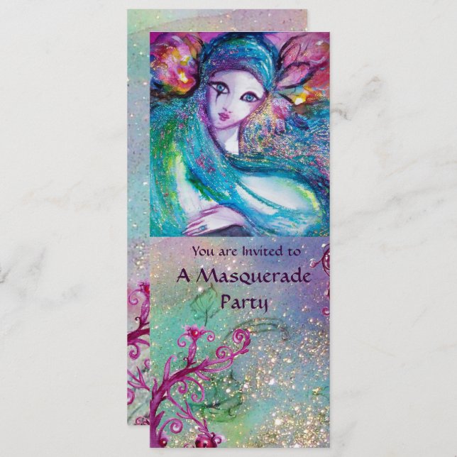 LADY BLUE MASK Elegant Masquerade Party Programme Invitation (Front/Back)