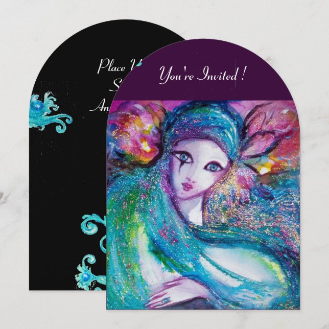 LADY BLUE MASK Elegant Masquerade Party,Teal Black Invitation (Front/Back)