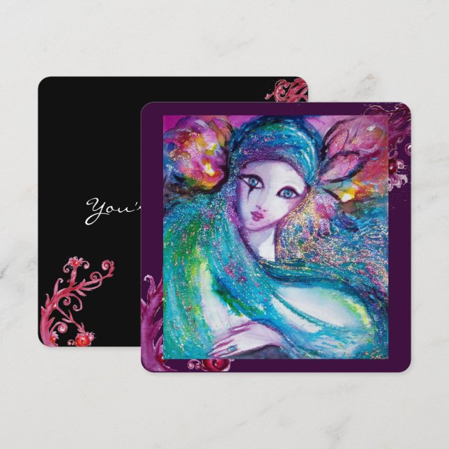 LADY BLUE MASK Elegant Masquerade Party,Teal Black Invitation (Front/Back)