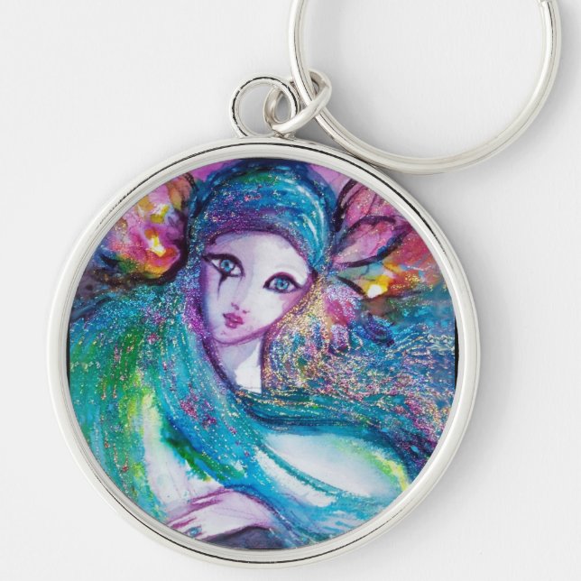 LADY BLUE MASK Elegant Venetian Masquerade Keychain (Front)