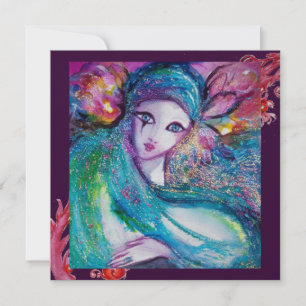 LADY BLUE MASK Masquerade Party,Red Purple Swirls Invitation