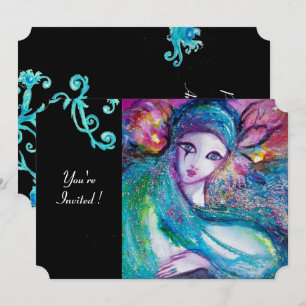 LADY BLUE MASK Masquerade Party,Teal Floral Swirls Invitation