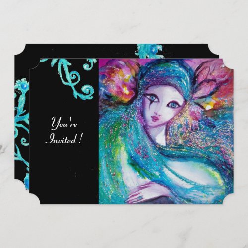 LADY BLUE MASK Masquerade PartyTeal Floral Swirls Invitation