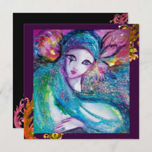 LADY BLUE MASK Red Yellow Swirls Masquerade Party Invitation