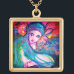 LADY BLUE MASK Venetian Masquerade Gold Gold Plated Necklace<br><div class="desc">Colorful , whimsical , unique,  artistic watercolor painting in bright aqua blue , green, teal, pink, fuchsia, white , sparkling  iridescent colors, golden and silver foil,   inspired from Carnival of Venice.2009.</div>