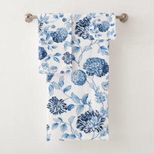 Lady Blue Modern Vintage Botanical Floral Toile Bath Towel Set