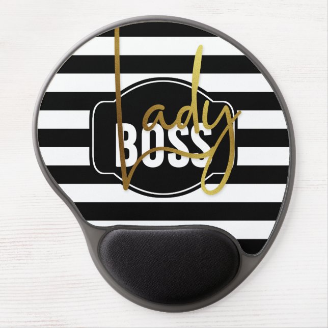 Lady Boss - Black-White & Gold Stripe Gel Mousepad (Front)