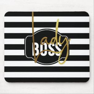 Lady Boss - Black-White & Gold Stripe Mousepad