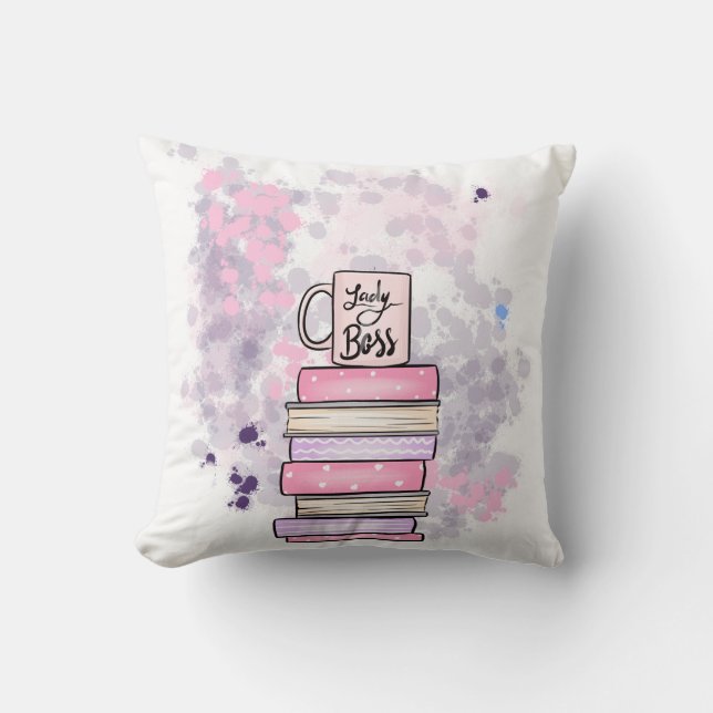 Lady Boss Books and Mug Throw Pillow (Front)