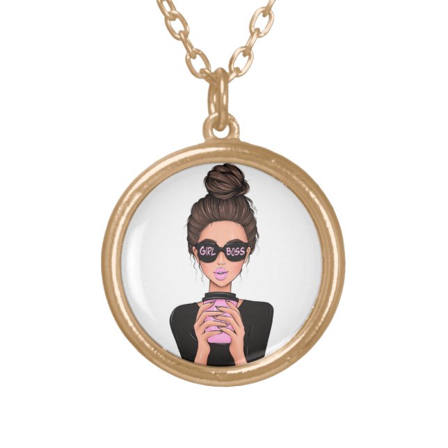 Lady Boss Life, Boss Babe Woman, Girl Boss T-Shirt Gold Plated Necklace (Front)