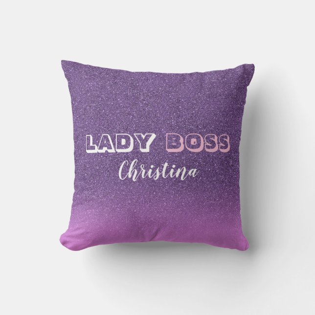 Lady Boss on pink purple glitter name Throw Pillow (Front)
