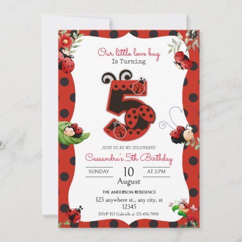  Lady Bug 5th Birthday Party Invitation