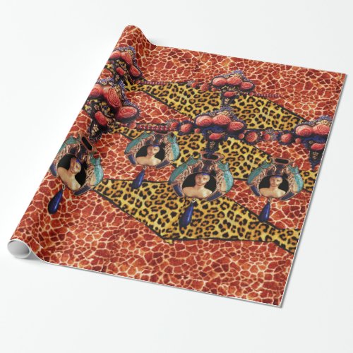 LADY BUG AND CORAL ROSES ON GIRAFFELEOPARD FUR WRAPPING PAPER