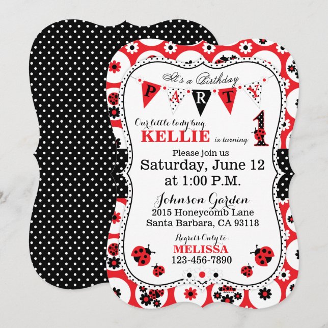 Lady Bug and Polka Dots Birthday Invite (Front/Back)
