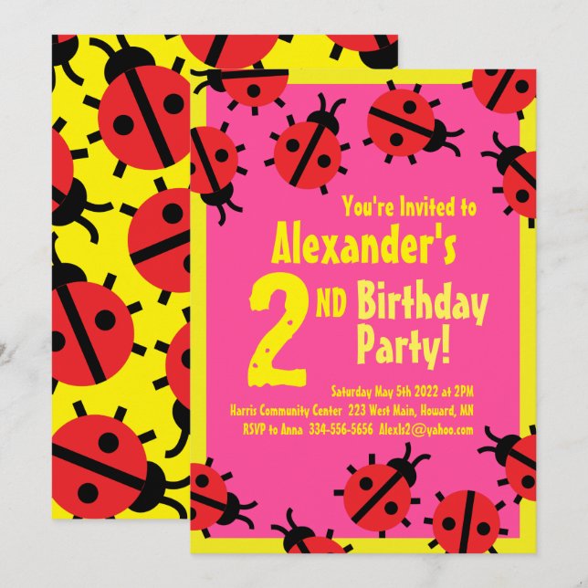 Lady Bug Animal Kid's Birthday Party Invitations (Front/Back)