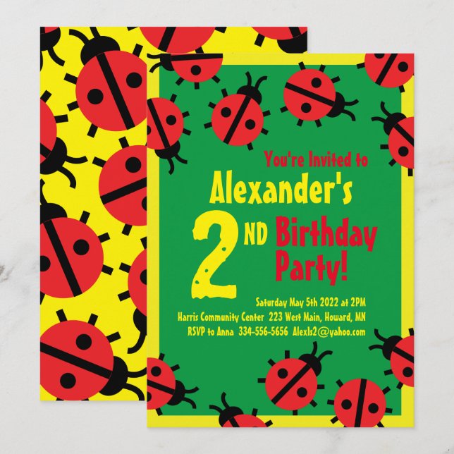 Lady Bug Animal Kid's Birthday Party Invitations (Front/Back)