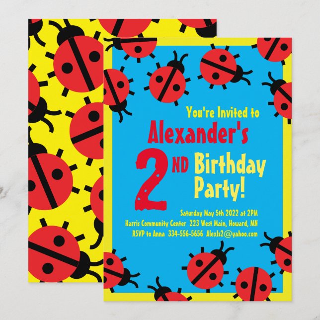 Lady Bug Animal Kid's Birthday Party Invitations (Front/Back)