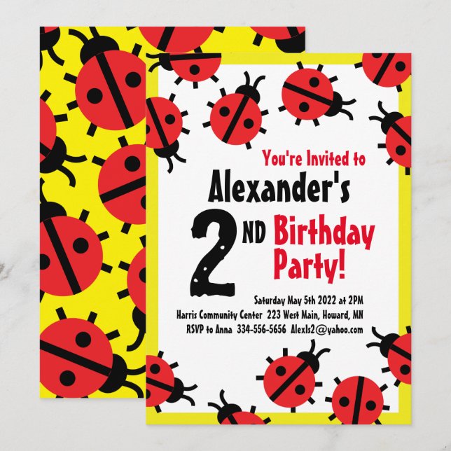 Lady Bug Animal Kid's Birthday Party Invitations (Front/Back)