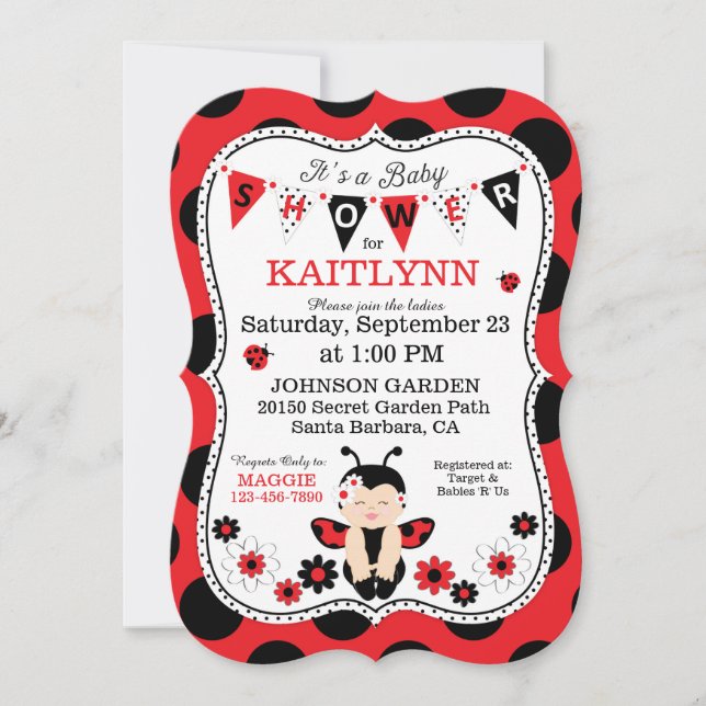 Lady Bug Baby and Flowers Polka-dot Baby Shower Invitation (Front)