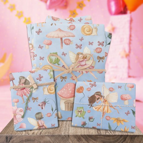 Lady Bug Butterfly Toad Gnome Fairies Garden Blue Wrapping Paper Sheets