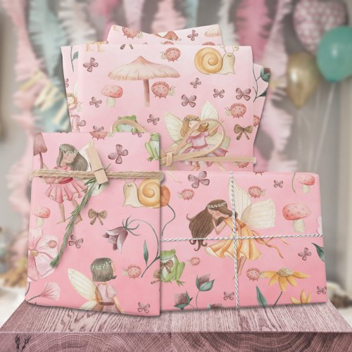 Lady Bug Butterfly Toad Gnome Fairies Garden Pink Wrapping Paper Sheets