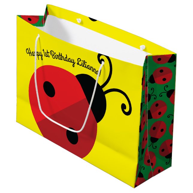 Lady Bug Cute 1st Birthday Party Large Gift Bag (Front Angled)